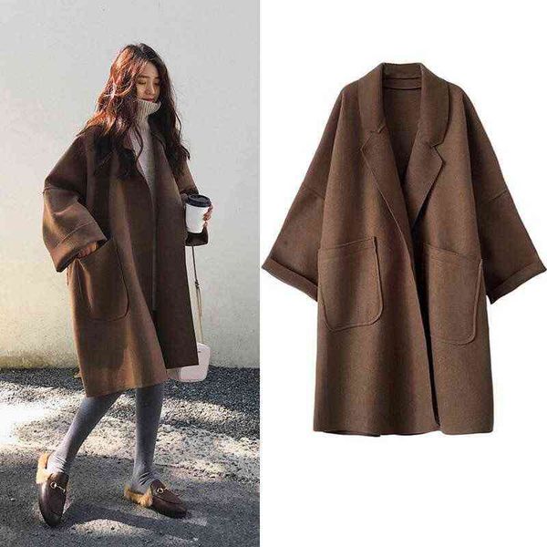 

women's autumn winter long faux wool coat outerwear 2021 ladies korean cashmere female loose overcoat clothes windbreaker jacket t22071, Black