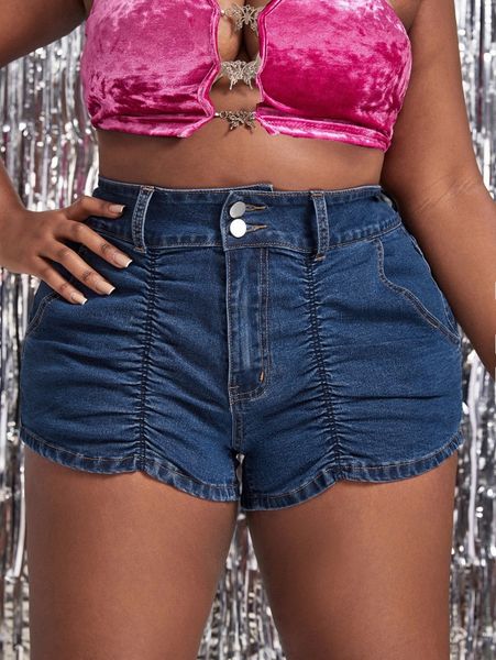 

sxy plus ruched button front denim shorts l6m8#, White;black