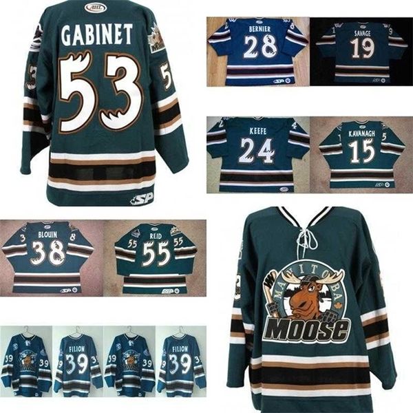 Thr 2017 novo AHL Mens Womens Kids Manitoba Moose 24 Keefe 15 Pat Kavanagh 19 Savage 100% Bordado Personalizado Ice Hockey Jerseys Corte