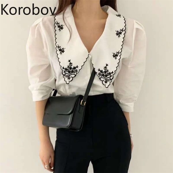 

korobov korean chic summer vintage women blouses single breasted puff sleeve shirt sweet flower embroidery blusas mujer 210308, White