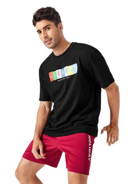 

men letter graphic tee & drawstring waist shorts b029#, Gray