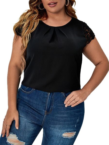 

plus contrast lace blouse s7el#, Black
