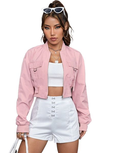 

drop shoulder d-ring flap pocket bomber jacket r8ai#, Black;brown