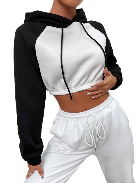 

petite contrast raglan sleeve drawstring crop hoodie n1p0#, Black