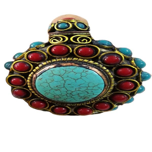 

the old beijing vintage turquoise inlaid copper snuff bottle, Black