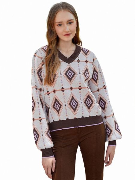 

mod argyle pattern lantern sleeve v-neck sweater 29a9#, White;black