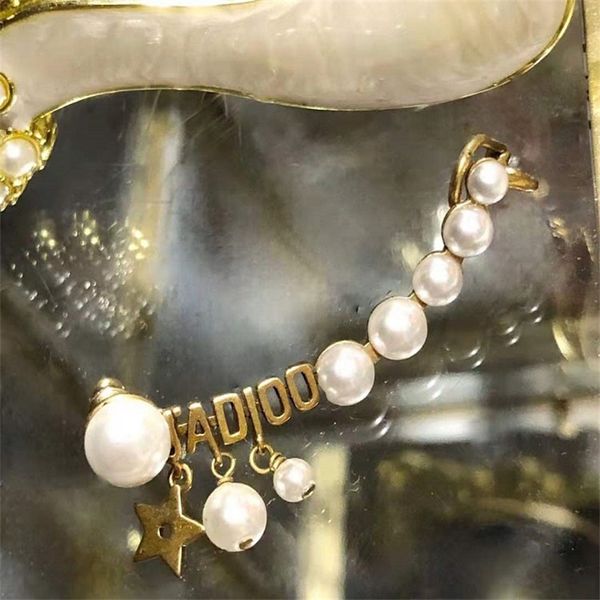 

design jewel earring letter pearl five pointed star ear clip brass earrings female 925 silver needles, Golden;silver
