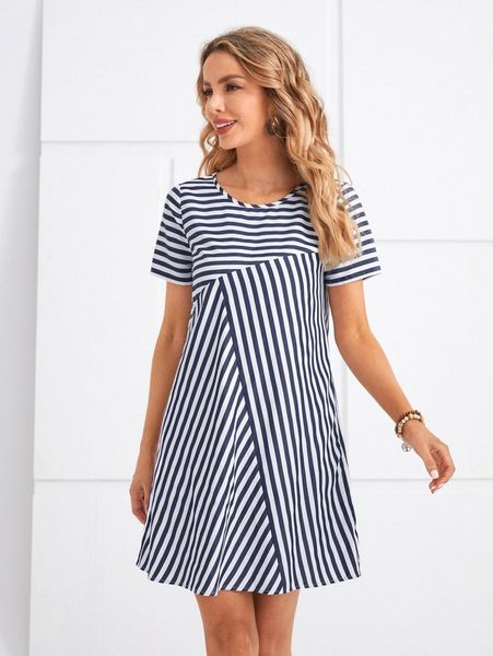 

emery rose striped round neck tunic dress 07os#, Black;gray