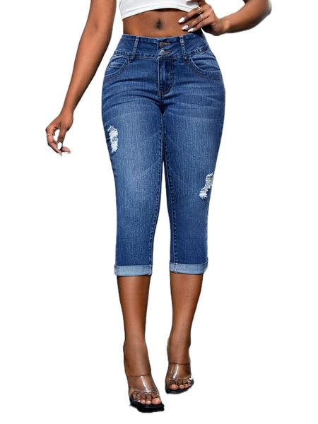 

sxy ripped roll hem skinny capri jeans g8da#, Blue