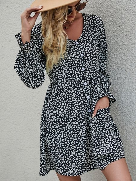 

dalmatian print flounce sleeve pocket patched dress u3qe#, Black;gray