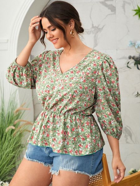 

plus allover floral print lantern sleeve q7vj#, Black