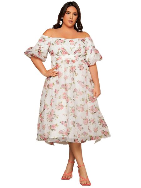 

plus floral print puff sleeve off shoulder dress h93z#, Black