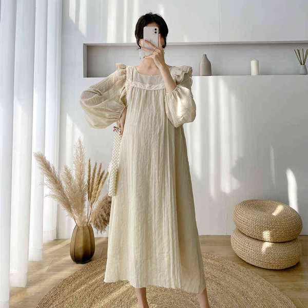 

8919# 2022 spring korean fashion cotton linen maternity long dress vintage large size loose clothes for pregnant women pregnancy g220418, White