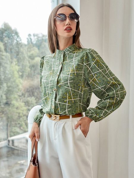

allover print mock neck blouse l4tf#, White