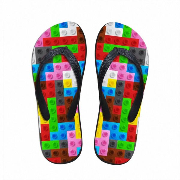 Kundenspezifische Frauen Wohnungen Haus Hausschuhe Slipper 3D Tetris Druck Sommer Mode Strand Sandalen Für Frau Damen Flip Flops Gummi Flipflops M0G4 #