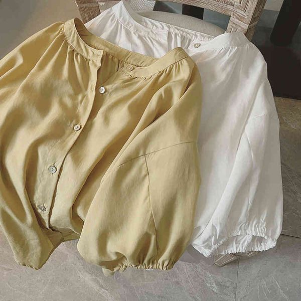 

women's blouses shirts 2022 solid color leisure chiffon thin summer 2022 lantern sleeve round neck shirt trend 96u9, White