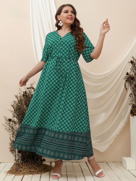 

plus floral & paisley print belted dress q3jr#, Black