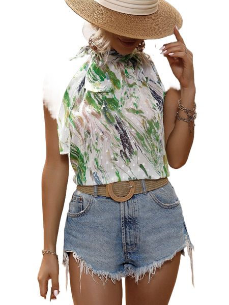 

allover print swiss dot tie neck halter blouse v7eq#, White