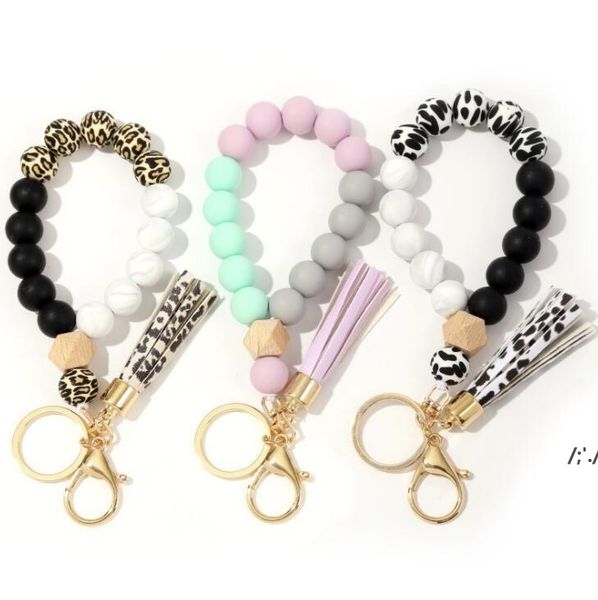 

silicone keychain tassel wood beads bracelet keyring for women wholesale multicolor keys accessories gwb15347, Silver