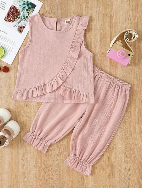 

toddler girls frill trim tank & flounce hem pants she, White