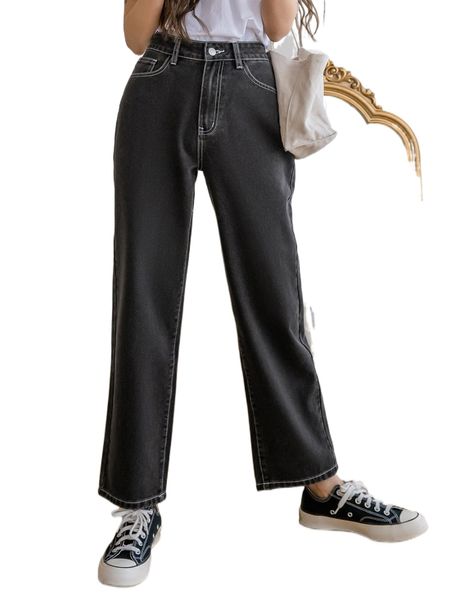 

dazy high waist stitching straight leg jeans 13eo#, Blue