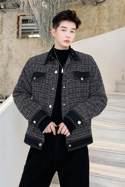 

men's jackets autumn winter retro streetwear tweed jacket men korean single-breasted short fashion loose casual coat outerwear men&#039, Black;brown