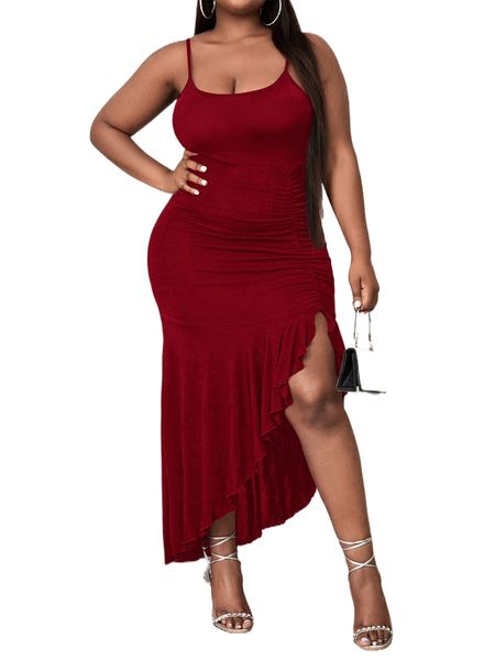 

sxy plus ruched ruffle trim asymmetrical hem cami bodycon dress 36pw#, Black