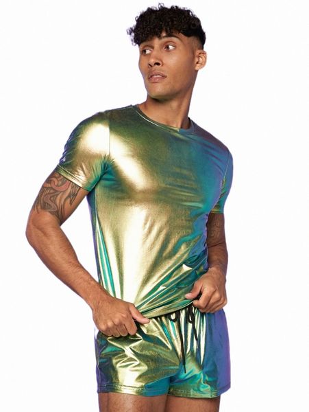 

men metallic tee & drawstring waist shorts 90bi#, Gray