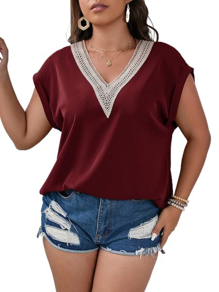 

plus contrast guipure lace dolman sleeve blouse q5nj#, Black