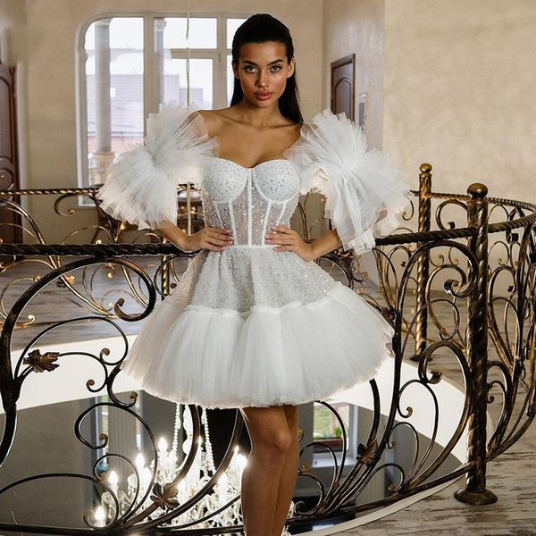 

puffy sleeves homecoming dresses sequins tulle prom short a line cocktail party bride gowns, Blue;pink