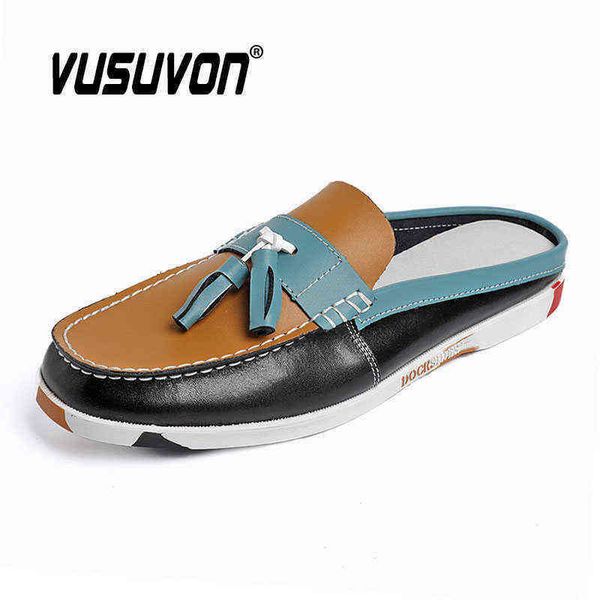 

men slippers leather classic summer soft breathable beach garden roman sandals tassel loafers big size 39 45 hold toe half slides 220216, Black