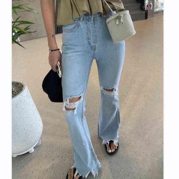 

flare pants vintage jeans women 2022 fashion summer hole denim pants femme jeans high waist woman trousers streetwear w521d t220728, Blue