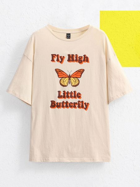 

x gigi thomas designs letter & butterfly print drop shoulder tee 09xp#, White