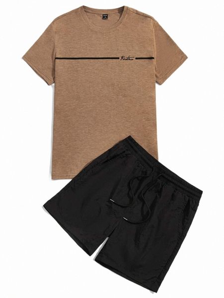 

men letter graphic tee & drawstring waist shorts 714h#, Gray