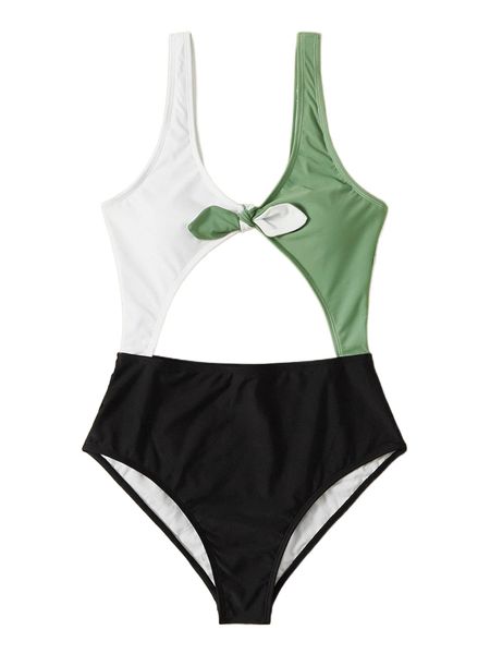 

colorblock knot front cut out one piece swimsuit i8q1#, White;black