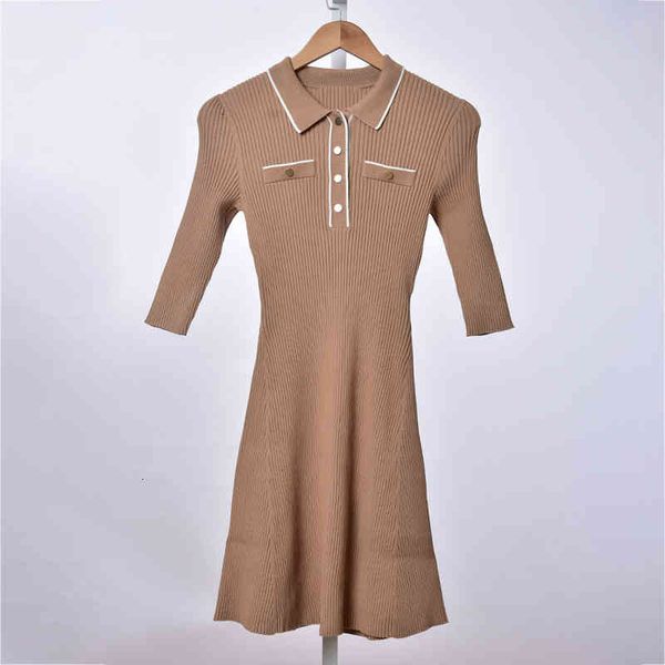 

casual dresses spring and summer style elegant lapel slim fitting short sleeve knitted dress, Black;gray