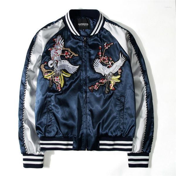 Herrenjacken Chinesischen Stil Jacke Männer Frühling Und Herbst Paar Kurze Yokosuka Kraniche Gestickte Baseball Anzug Satin Lose Mantel 313B-F35-P7