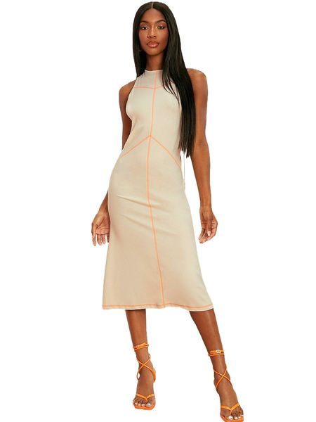 

newness tie open back contrast stitch dress l87o#, Black;gray