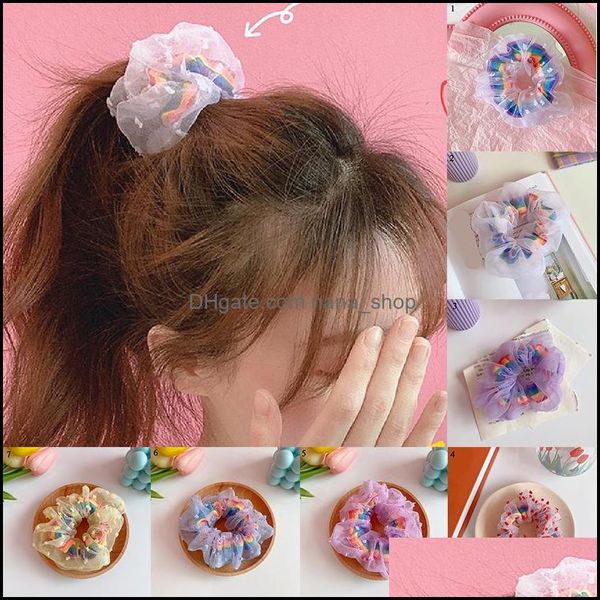 

pony tails holder hair jewelry korean sweet women elastic bands lace rainbow print ties rope girls mesh scrunchies headwear tle accessories, Golden;silver