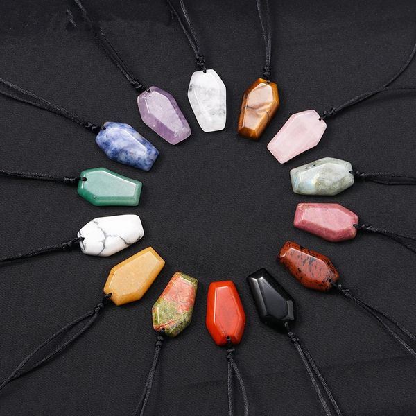 

natural healing crystal coffin pendant pink obsidian quartz stones black rope necklace fengshui crafts jewelry gift, Silver