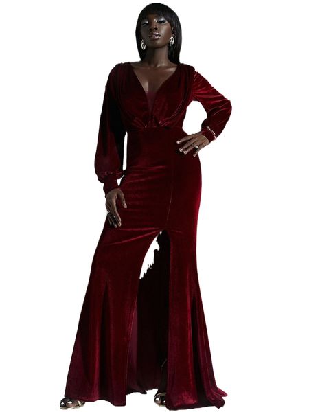 

missord lantern sleeve split thigh velvet dress b4w2#, Black;gray