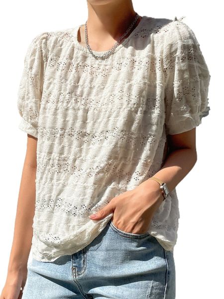 

dazy keyhole back puff sleeve blouse a5pc#, White