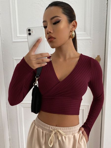 

surplice neck rib-knit crop tee j2hb#, White