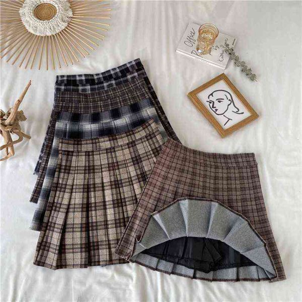 

women's skirt korean style plaid pleated skirt female spring and autumn high waist thin a-line short student woolen thick 220221, Black