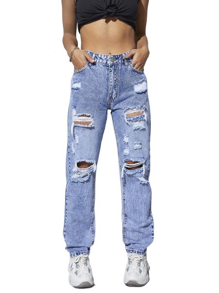 

ripped detail straight jeans 14sv#, Blue