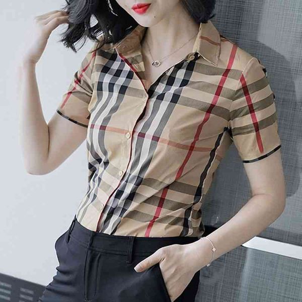 

classic plaid shirt women's short sleeve summer new large slim style fashion thin cotton shirt top, White