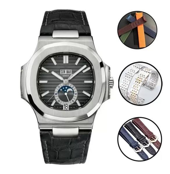 

mens watch perpetual calendar size 40mm mechanical movement kinetic energy storage 904l stainless steel leather rubber bracelet luminous wat, Slivery;brown