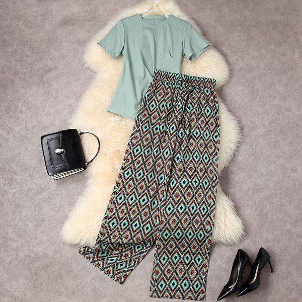 

european and american women's summer 2022 new short sleeve t-shirt printed elastic-waisted wide-leg trousers fashion suits, White