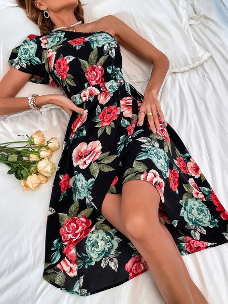 

floral print one shoulder belted dress q3e8#, Black;gray
