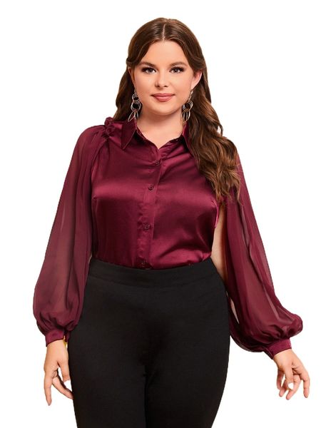 

plus frill trim split sleeve shirt i8h2#, Black